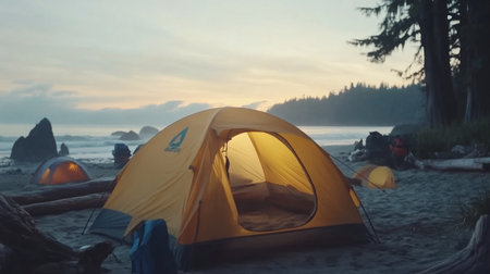 Coastal campsite on a sandy beach with scattered driftwood and gentle waves, sunset glow --chaos 30 --ar 16:9 --v 6.1 Job ID: 1c032e50-47ca-4f48-8e4a-aee200b22ec1の素材