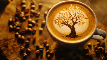 A cup of coffee with latte art depicting a tree, surrounded by scattered coffee beans on a wooden background. --ar 16:9 --v 6.1 Job ID: c100d283-24a7-4be8-b153-01d7feb406adの素材