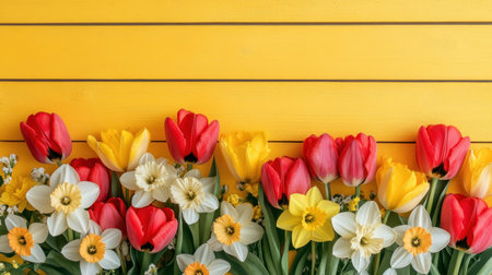 Colorful tulips and daffodils arranged in an arch on a yellow wooden background. Spring flowers border with copy space. Easter or Mother's Day concept. Banner, panorama, wide format. --chaos 30 --ar 16:9 --v 6.1 Job ID: c47419de-d0b1-4161-b5d6-eb49f96ad563の素材