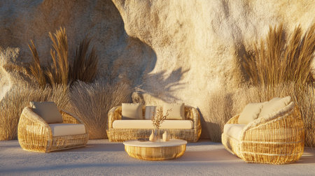 Modern outdoor sofa set with beige cushions against the wall of an abstract light brown and cream-colored textured modern minimalist garden terrace, featuring a coffee table and decorative plants. --chaos 30 --ar 16:9 --v 6.1 Job ID: 2d84b7c9-a331-4e80-a44a-9a00b0bf299cの素材