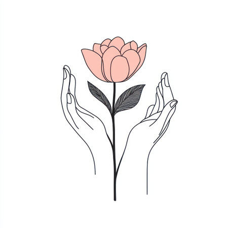 Logo design, line art, minimalist, human hands holding a flower, pastel pink and black colors, white background, no shadows. --v 6.1 Job ID: a5002624-2ac2-4eac-a899-f8b816bdeb5fの素材