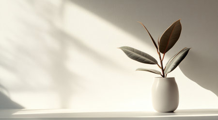 Minimalist plain white background for product photography with just one object as the highlight: a rubber plant in a vase on a table, with soft shadows and no visible textural details in the wall. The lighting is bright and even, with a few light reflections from the left side of the frame. --ar 78:43 --v 6.1 Job ID: d96d9ad3-75f2-4455-b280-0c830aadfdb6の素材