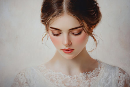 Oil painting of a beautiful young woman, a portrait with a white background, featuring a detailed face, an elegant dress, soft lighting, a close-up shot, a vintage style, delicate brush strokes, a romantic atmosphere, warm tones, and a serene expression on her face. --ar 3:2 --v 6.1 Job ID: c29a94ad-efba-4e50-9c0c-9da99a04a52aの素材