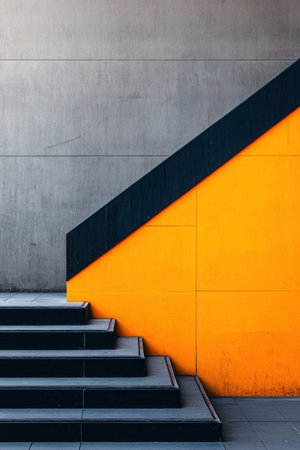 Minimalist, modern aesthetic with a focus on geometric shapes and lines. The background is an orange wall, with dark blue stairs leading up to it. The color palette includes shades of gray for the walls, black for the staircases, and bright yellow accents. This design embodies simplicity in form yet energy through dynamic colors. --ar 2:3 --v 6.1 Job ID: 29d7676b-b171-4310-8b12-3f6046a8047fの素材