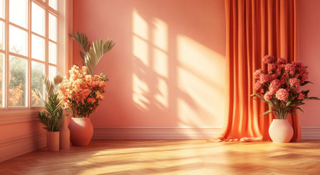 Peach-colored wall with orange curtains, flowers in vases on the floor, windows, parquet flooring, mock-up. --ar 78:43 --v 6.1 Job ID: d4fa29cd-185a-4faf-8f90-45ebfa15ad1eの素材