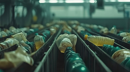 Visualize a robotic recycling facility that efficiently sorts and processes materials, emphasizing sustainable resource management and a circular model --chaos 30 --ar 16:9 --v 6.1 Job ID: d3442868-8feb-4576-9cf6-955dd999d92bの素材