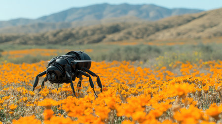 Create an image of a robotic bee pollinating a field of vibrant wildflowers, displaying the beauty of nature's ecosystem while eliminating the need for human intervention --chaos 30 --ar 16:9 --v 6.1 Job ID: 6be8b193-d7dd-49e7-8254-c25c950c3ff5の素材