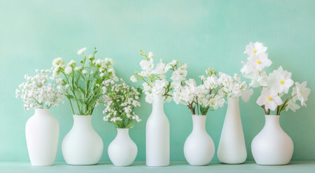 White flower vases on a mint green wall background, a wedding photo studio backdrop. --ar 78:43 --v 6.1 Job ID: e7c996a6-0d06-4a6c-bb90-4e08edc0b924の素材