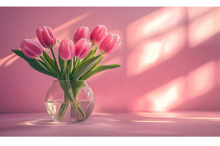 Photograph of pink tulips in a glass vase on a pink background --chaos 30 --ar 3:2 --quality 2 --stylize 250 --v 6.1 Job ID: 75273d91-8c7a-483e-aa7d-4310ed40d27fの素材