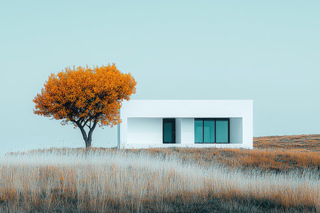 A white minimalist building surrounded by tall grass, a tree with yellow leaves in the background, soft daylight, minimalism, architectural photography, detail shot, in the style of Fujifilm GFX 50S --chaos 30 --ar 3:2 --quality 2 --stylize 250 --v 6.1 Job ID: 5e608957-0ce0-4bfc-a85c-f02f04badfe9の素材
