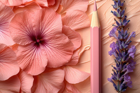 Photo of a pastel pink pencil with lavender and hibiscus flowers on it, placed next to an array of flower petals on a soft peach background. Web banner for rose-colored skin care products, low resolution --chaos 30 --ar 3:2 --quality 2 --stylize 250 --v 6.1 Job ID: 5346def7-396e-4fec-a3b1-9403e791ce40の素材