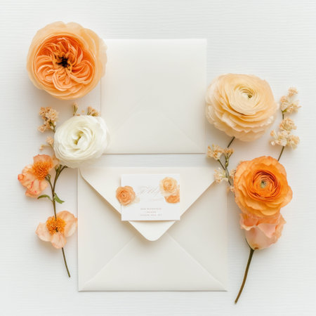 A flat lay photograph of an open envelope with white paper, surrounded by orange and cream flowers on the side. On top of it lies another envelope with a wedding invitation card. The background is white, and the composition is minimalist, with studio lighting. --v 6.1 Job ID: 8cb65e84-48b8-4ae7-a6b4-781a2385ccfdの素材