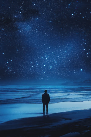 The vast sea, the starry sky at night, and an empty beach beneath it. A man stands on one side of the river with his back to us, gazing into the distance. In the style of anime art, illustration, flat illustration, clean background, dark blue tone, high-resolution photography. --ar 2:3 --v 6.1 Job ID: 23523800-b0b6-4579-af7a-f83b052b3b0aの素材