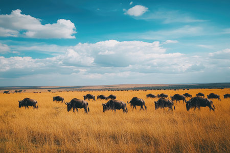 Beautiful wide shot of the African savanna with tall grass, vast landscape, animals in the distance, blue sky with clouds, cinematic, natural lighting, professional color grading, soft shadows, low contrast, clean sharp focus, in the style of National Geographic. --ar 3:2 --v 6.1 Job ID: ccf31a97-8c39-4008-ba2e-16e0c6942f6fの素材