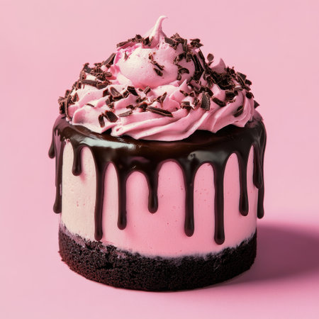 Chocolate cake with pink cream and chocolate drip on top, product photography, pink background, minimalistic, studio lighting. --v 6.1 Job ID: a2f9c081-aa50-4390-8601-f8ee214ea5c0の素材