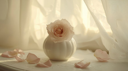 Pastel pink rose sits in a round, white vase on a light-colored surface, bathed in soft, diffused sunlight.  Petals are scattered around the base of the vase.  The image evokes a sense of serenity and beauty.  The light and color palette create a peaceful and intimate atmosphere.の素材