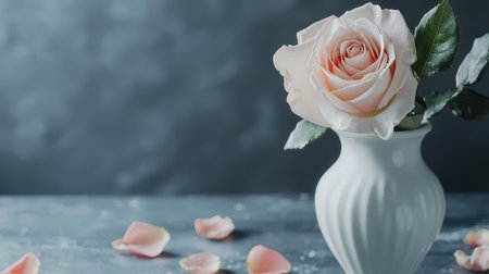 Single, light pink rose in a white vase with ribbed design sits on a grey surface with scattered rose petals.の素材