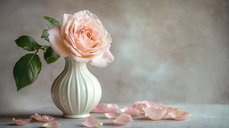 Still life arrangement featuring a single, pale pink rose in a white vase, along with scattered rose petals.  The backdrop is a muted taupe.  The image evokes a sense of tranquility and beauty.の素材