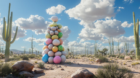 Large stack of colorful, egg-shaped objects stands in a desert landscape, surrounded by cacti and rocks.  The sky is partly cloudy and a bright blue.の素材