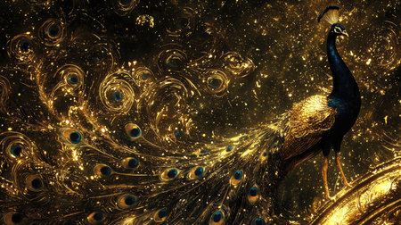 Stylized image of a peacock with a golden tail and feathers, set against a dark background with a swirling, textured pattern of gold. The peacock's feathers exhibit a rich golden hue, and the background incorporates a captivating mix of dark and golden shades, along with swirling designs that appear like liquid paint.の素材
