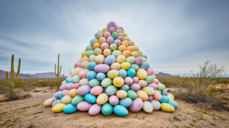 Large pile of painted eggs, shaped like a pyramid, is situated in a desert landscape, amidst cacti and scrub vegetation. The eggs are various pastel colors, creating a vibrant and eye-catching display against the dry, sandy ground.  The surrounding desert landscape is visible in the background.の素材