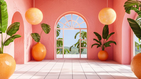Vibrant, stylish interior design featuring a pink room with large archways, potted plants, and round orange planters.  The room is bathed in natural light, creating a bright and airy atmosphere.  The overall aesthetic is contemporary, emphasizing tropical and summer themes.の素材