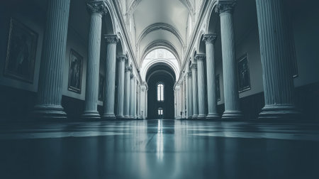 Extensive hallway, lined with majestic columns and adorned with paintings, creates a sense of grandeur and historical significance. The smooth, polished floor reflects the surrounding environment, adding to the overall architectural splendor. The subdued color palette enhances the timeless ambiance of the space.の素材