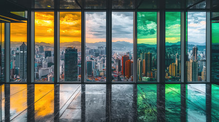 Panoramic view of a city, captured from the interior of a high-rise building with tinted windows, showcasing the reflections of the buildings and sky on the floor.  The windows filter the colors of the view, showing various colors of the sunset and sunrise.の素材