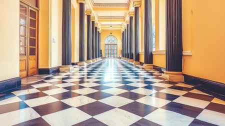 Long hallway with tall pillars and a polished checkered marble floor.  The walls are a pale yellow. The perspective creates a sense of spaciousness and grandeur.  The floor is brightly lit and shows reflections.  There are double doors on the left side of the image.の素材