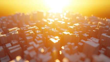 High-angle view of a city, rendered digitally, as if viewed from a great height. The buildings are stylized and appear geometric in shape. The image is bathed in warm light, suggestive of sunrise or sunset.の素材