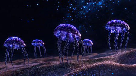 Digital illustration of several jellyfish with a glowing, luminescent quality, set against a dark, starry backdrop and a bed of fine sand or sediment.  The jellyfish are depicted with a unique, almost translucent quality, and small, light speckles dot their bodies and tentacles.の素材