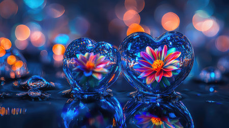 Two heart-shaped, transparent glass objects, one slightly out of focus, with colorful flowers inside.  They are sitting on a dark, reflective surface with bokeh lights in the background.  The image has a dreamy, magical quality, emphasizing the details and colors.の素材