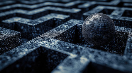 Close-up view of a complex, geometric design in the form of a dark maze.  A dark, metallic sphere rests in the center of an intersection within the maze. The overall aesthetic is one of intricate detail, dark tones, and a contemporary aesthetic.の素材