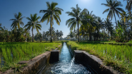 Scenic view of a lush rice paddy with a canal running through it.  Palm trees line the edge of the field.  The water in the canal is clear and flowing.の素材