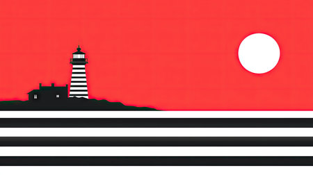 Stylized illustration of a lighthouse and small house silhouette set against a red sunset sky with horizontal black and white stripes across the lower part of the image. A white circle representing a sun is visible near the top right of the image.の素材