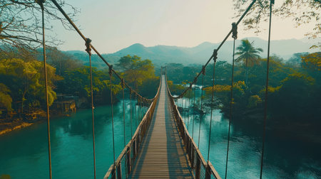 Suspension bridge stretches across a flowing river, framed by vibrant green vegetation and a backdrop of mountains.  The water is a deep teal color.  The bridgeの素材