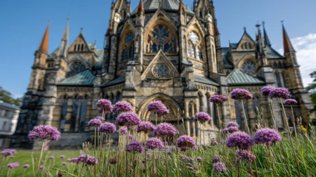 Picturesque scene of vibrant purple flowers in a garden bed in front of a large, historic, stone cathedral.  The flowers and cathedral are the central focus.の素材