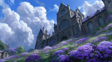 Picturesque scene of a large stone cathedral situated on a hillside covered in an abundance of vibrant purple flowers.  The cathedral's intricate architecture and gothic design are prominently featured against a backdrop of a vibrant blue sky dotted with fluffy white clouds. Lush green foliage and trees surround the cathedral and hillside, enhancing the overall beauty of the landscape.の素材