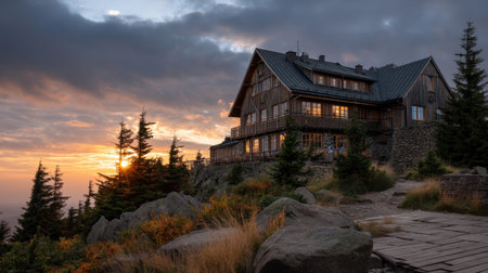 Mountain lodge at the peak of a mountain range, situated amid tall pine trees, with the setting sun casting a warm golden glow on the landscape. A pathway winds toward the lodge.の素材