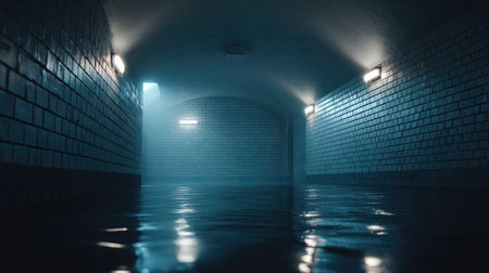Interior shot of a flooded tunnel.  Brick walls line the tunnel, and the water reflects the ambient lighting, creating a still, dark, and mysterious atmosphere.  There is a light source, emanating from the tunnel's entrance, and lighting fixtures are mounted to the walls.の素材