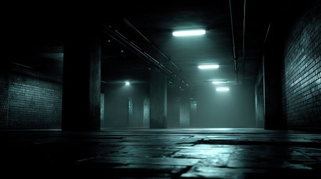 Long, dark tunnel with concrete pillars and brick walls.  Fluorescent lighting casts a hazy, bluish-green light, emphasizing the depth and emptiness of the space.  The floor is covered with a tiled surface.の素材