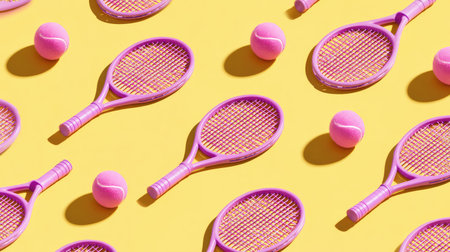 Vibrant design featuring multiple pink tennis rackets and tennis balls, arranged in a symmetrical pattern against a bright yellow backdrop.  The objects cast subtle shadows, enhancing the three-dimensional effect. The overall impression is one of cheerful energy and a playful approach to visual composition.の素材