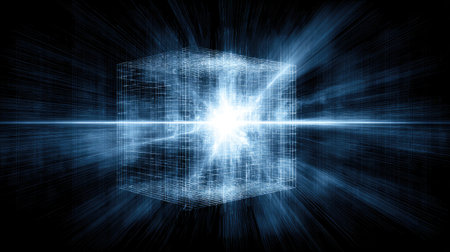Dynamic illustration of a digital cube structure radiating light in a dark background. The cube is comprised of intricate lines and patterns, creating a sense of technology and movement. The radiating light and motion lines add to the futuristic and energetic nature of the design.の素材