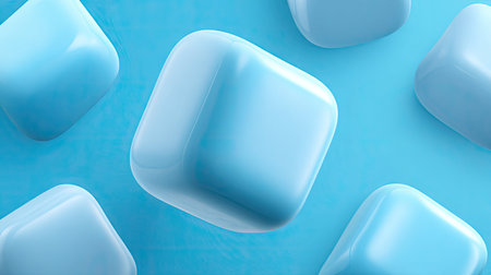 Repeating pattern of light blue, glossy, three-dimensional cubes, set against a pale blue background. The cubes are geometrically perfect squares with rounded edges. The image is a design-oriented composition, suitable for use in background images, product presentations, advertising, or as a visual element.の素材