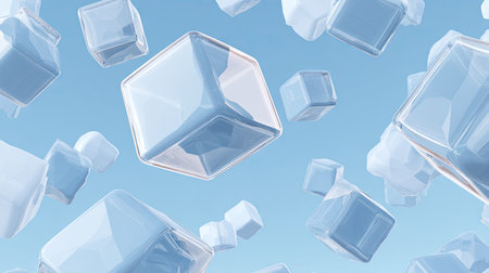 Digital illustration of multiple translucent, light blue ice cubes arranged in a dynamic, floating formation against a light blue background. The cubes are geometric and exhibit a sense of movement and depth.  The image is suitable for use as a background, backdrop, or design element.の素材