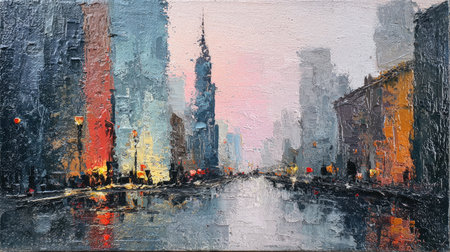 Cityscape depicted in a style suggestive of oil painting.  The image showcases buildings along a street, bathed in the light of dawn.  Visible brushstrokes and color mixing create a textured effect.  The street appears wet, with reflections of the buildings in the puddles.  The sky is a soft palette of light colors, creating a serene and atmospheric scene.の素材