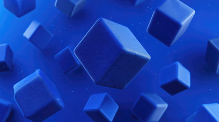Graphic design featuring many floating blue cubes on a deep blue background.  The cubes are in a variety of positions and sizes, creating a visual pattern. The image is suitable for use in the design industry, and for digital backgrounds.の素材