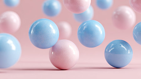 Digitally rendered image displays several light pastel spheres, in light blue and light pink hues, in a 3D modeling composition. The spheres appear to be floating in a pastel-colored setting, creating a visual arrangement.の素材