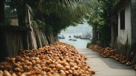 Paved path leading through a village, lined with a large pile of coconuts that extend along the road, with buildings and trees along the sides and a waterfront view in the background.の素材