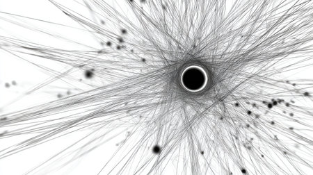 Graphic design featuring radiating lines that converge on a central void, creating an abstract visual composition in grayscale.  The image is a representation of a complex network or interconnected system.の素材